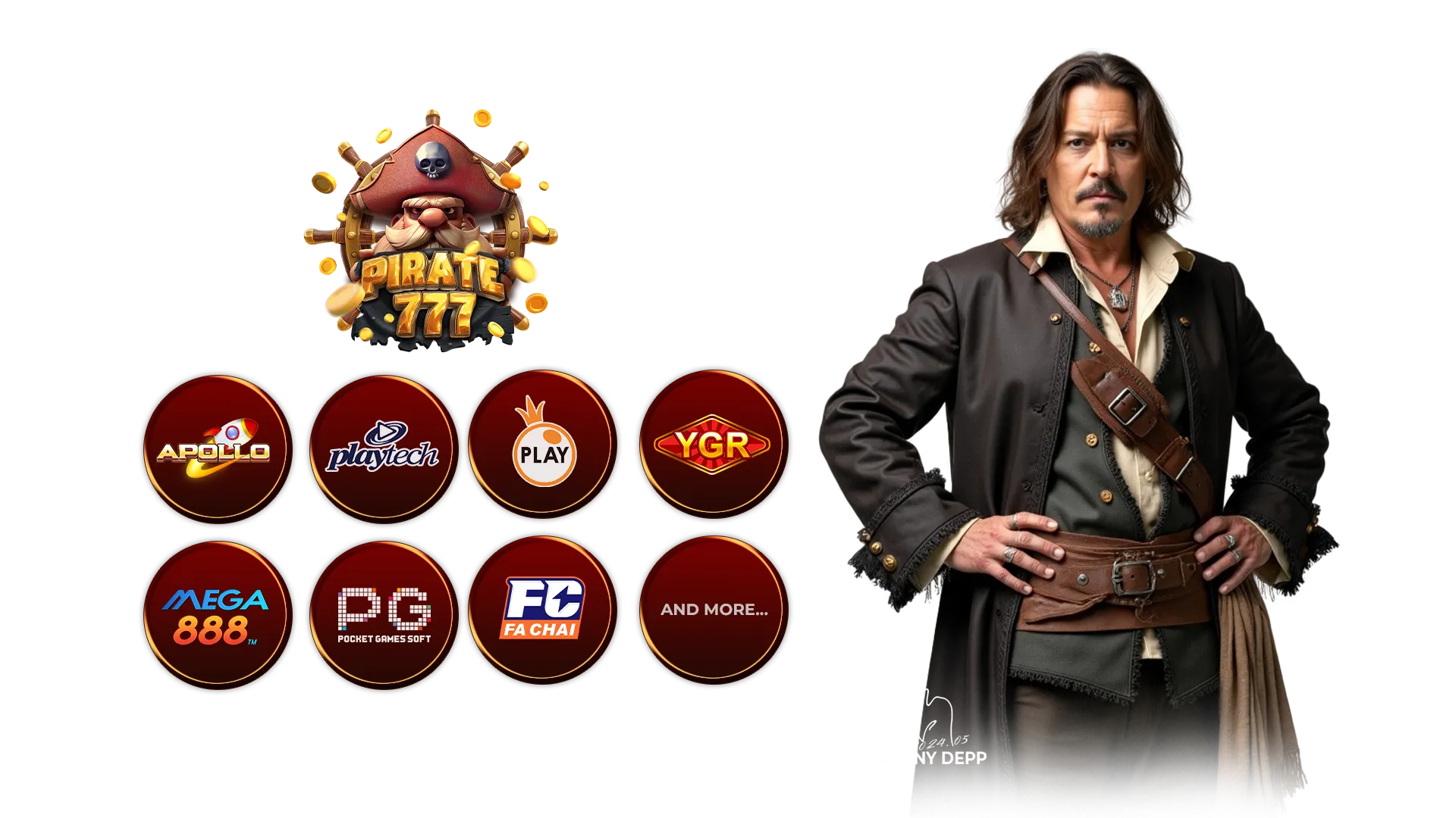 Impactful feature of Game Providers for Pirate777 featuring Pirate777 captain mascot and gameroom providers apollo, playtech, pragmatic play, mega888, pgsoft, ygr, fa chai & more.