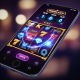 Vibrant mobile online slot game interface on a smartphone, showing spinning reels with winning symbols and a large progressive jackpot meter, representing a premium gaming experience on a Malaysian online platform.