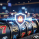 Dynamic online slot machine interface with a digital shield and padlock icon, representing secure and fast gaming in Malaysia.