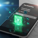 A split image contrasting a secure mobile QR code payment interface with glowing green security icons against a risky manual bank transfer input screen with red warning symbols, emphasizing digital payment safety.