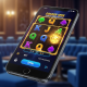 A close-up of a mobile phone displaying a vibrant online slot game interface with winning symbols, representing a premium RM10 deposit casino experience in Malaysia with fast transactions.