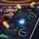 Sleek digital payment interface on a tablet displaying abstract daily, weekly, and monthly transaction limits with a secure padlock icon and a blurred online casino background.