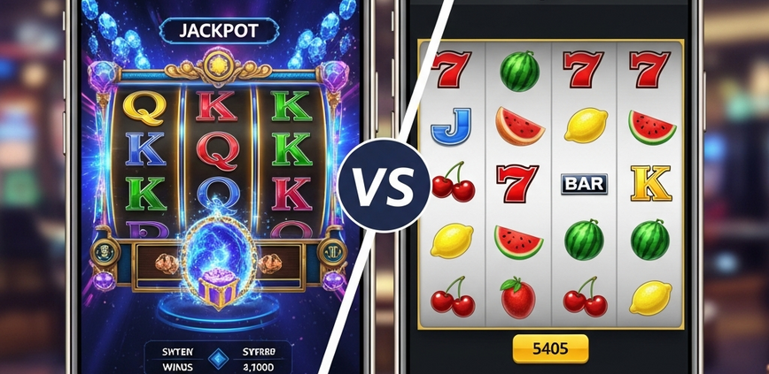 Split-screen image comparing a modern, 3D animated mobile slot game (PGSoft style) with a classic, streamlined mobile slot game (Mega888 style), highlighting their visual and design differences on an online casino platform.