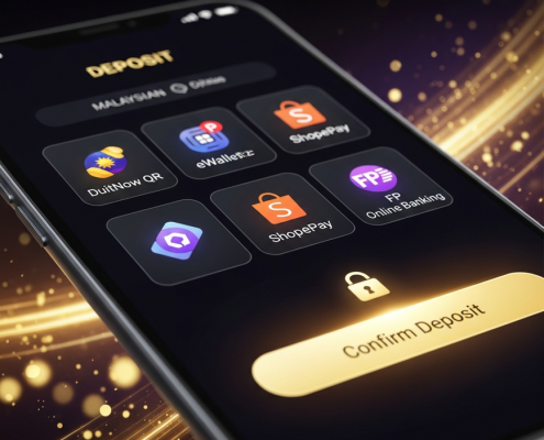 A modern smartphone displaying a secure online casino deposit screen with various Malaysian eWallet payment options like DuitNow and ShopeePay, set against a luxurious digital background.