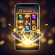 A modern smartphone displaying a pirate-themed online slot game celebrating a big win, with treasure chests and gold coins exploding from the screen in a premium casino setting.