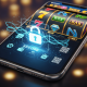 Vibrant online slot machine game interface displayed on a modern smartphone, featuring abstract security padlock and generic e-wallet payment icons, symbolizing secure digital transactions for online casino gaming.