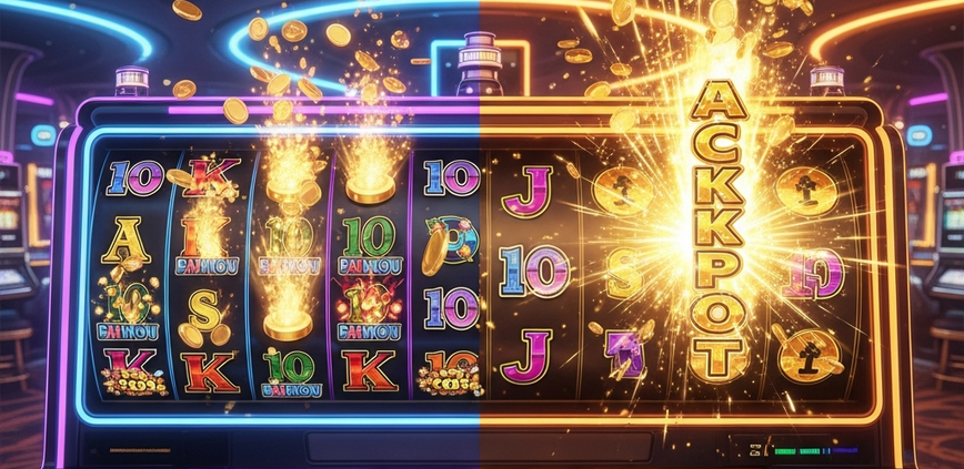 Split screen showing two online slot machine interfaces: one low volatility with frequent small wins, and one high volatility with a rare massive jackpot, illustrating the core difference between slot RTP and volatility.