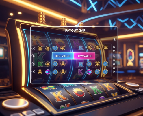 Vibrant online slot machine interface with a transparent overlay showing a stylized paytable, highlighting the payout gap between high and low-value symbols, set against a luxurious casino backdrop, representing slot volatility estimation.