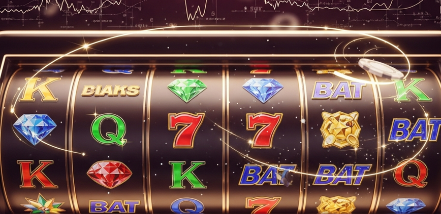 Vibrant online slot machine interface with spinning reels and a digital balance display, representing strategic bankroll management for small budgets and understanding slot volatility.