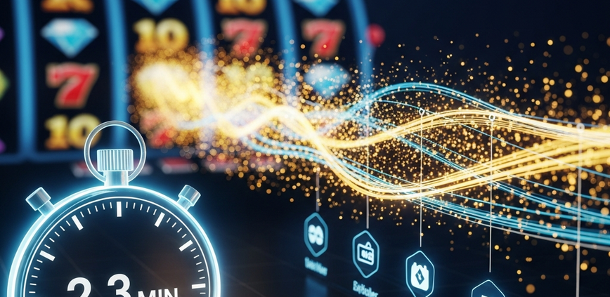 A high-tech visualization of a fast 2.3-minute online casino withdrawal, showing a glowing stopwatch and a stream of light flowing from a slot game to payment icons.