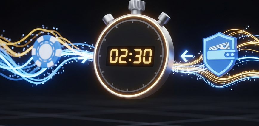 A high-tech 3D render illustrating fast online casino withdrawal speeds, with a digital stopwatch showing 2.3 minutes and data flowing from a casino chip to an e-wallet.