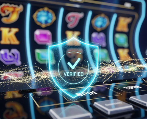 A futuristic slot machine interface with a glowing digital shield and checkmark, symbolizing the certified RNG fairness of PG Soft games.