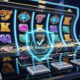 A futuristic slot machine interface with a glowing digital shield and checkmark, symbolizing the certified RNG fairness of PG Soft games.