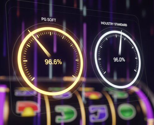 A futuristic digital dashboard comparing PG Soft's average RTP of 96.6% to the industry standard of 96.0% on two glowing gauges, illustrating PG Soft's higher average return.