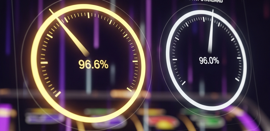 A futuristic digital dashboard comparing PG Soft's average RTP of 96.6% to the industry standard of 96.0% on two glowing gauges, illustrating PG Soft's higher average return.