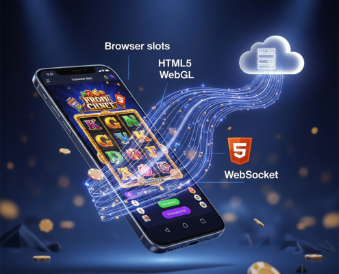 A smartphone displaying a slot game in a browser, with glowing data streams connecting to a cloud server, illustrating the technology behind no-download browser slots.