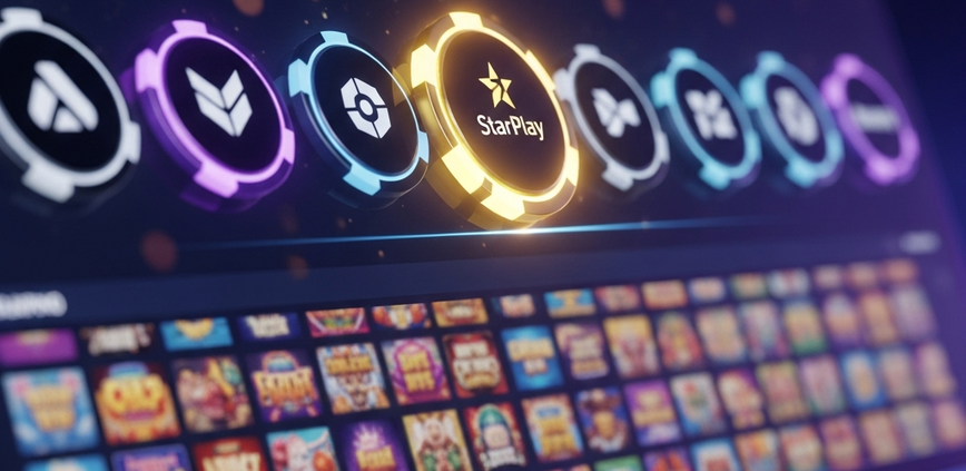 A sophisticated online casino interface showing a row of game provider chips, with one chip labeled 'StarPlay' highlighted in gold to illustrate filtering the game library.
