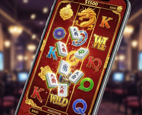 A modern smartphone displaying a premium Cosmo Play Mahjong-themed slot game, with glowing tiles and a golden dragon symbol, set against a luxurious casino background.