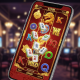 A modern smartphone displaying a premium Cosmo Play Mahjong-themed slot game, with glowing tiles and a golden dragon symbol, set against a luxurious casino background.