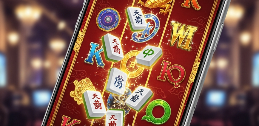 A modern smartphone displaying a premium Cosmo Play Mahjong-themed slot game, with glowing tiles and a golden dragon symbol, set against a luxurious casino background.