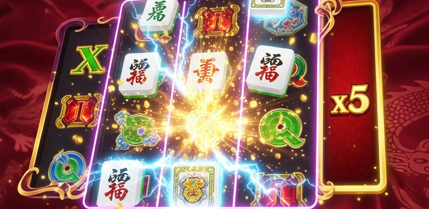 A vibrant, high-definition interface of a Mahjong-themed online slot game, showcasing the cascading reels feature with glowing golden Mahjong tiles and a high win multiplier.
