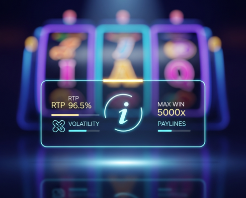 A sophisticated visual of an online slot game's interface, with a glowing digital information panel displaying key metrics like RTP, Volatility, and Max Win.